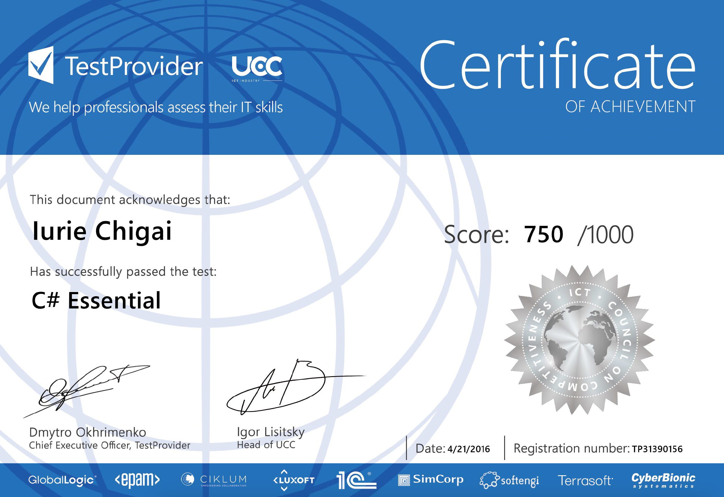 Certificate of completion for C# Starter issued by CyberBionic