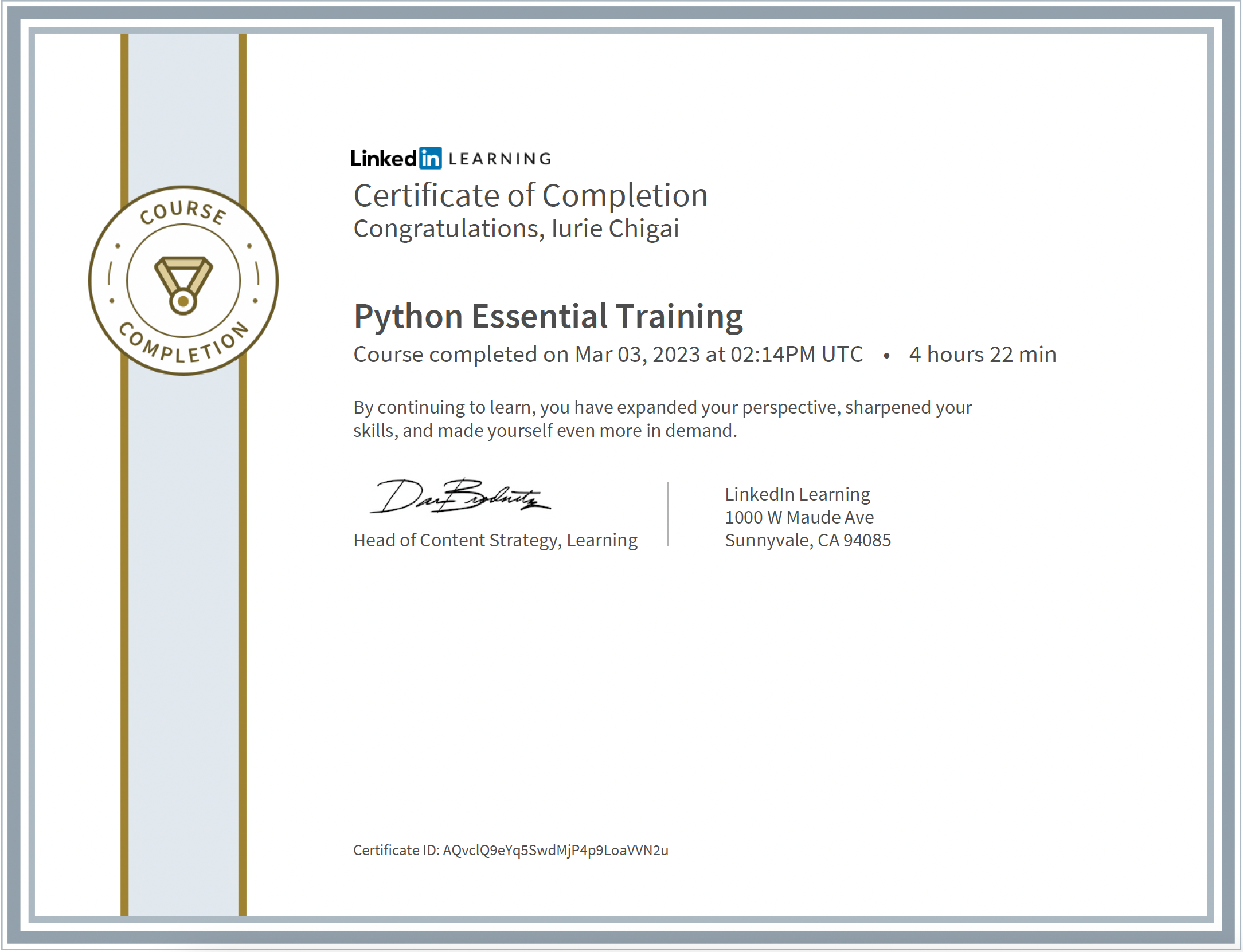 Python certificate issued by Linked in LEARNING