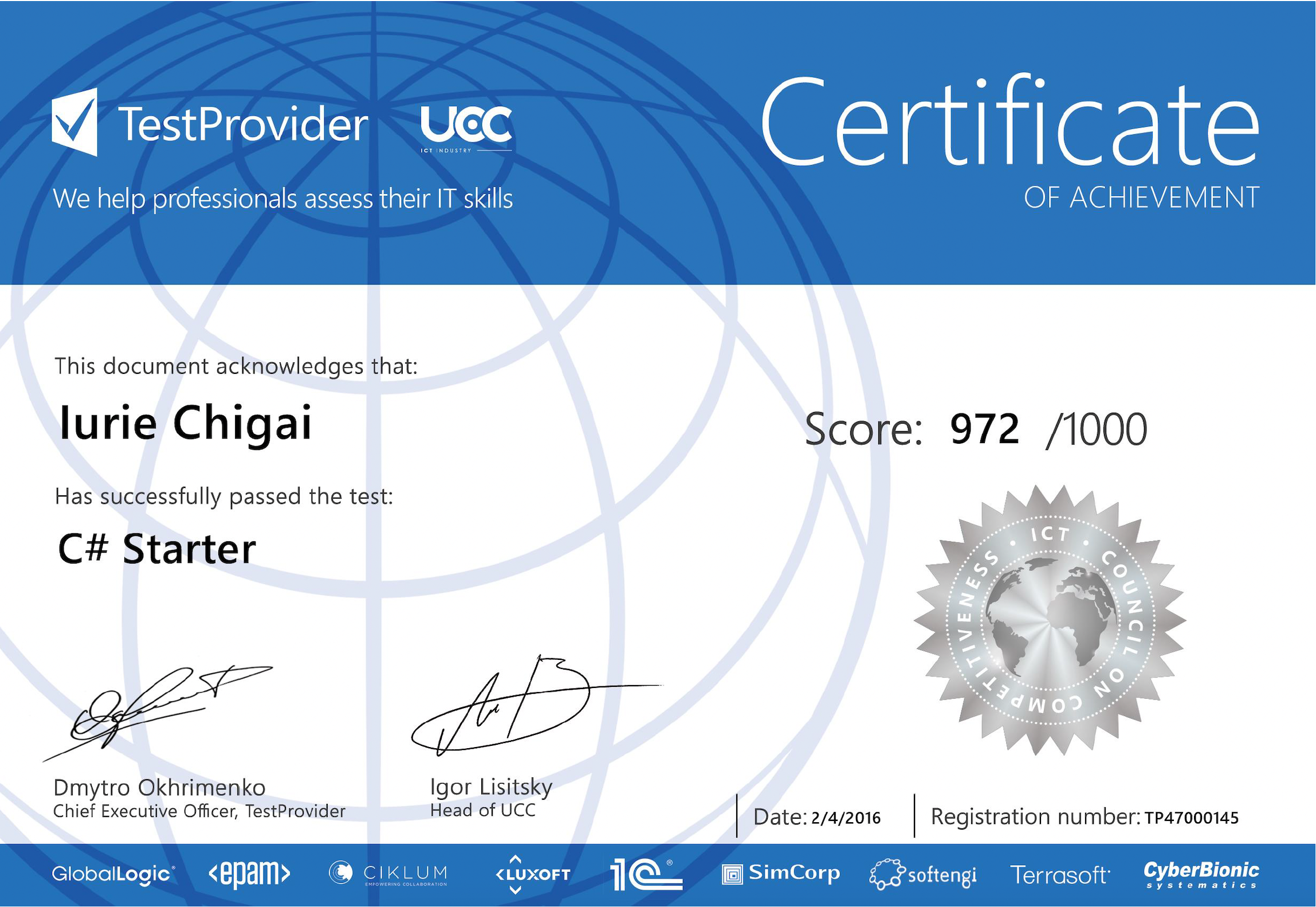 Certificate of completion for C# Essential issued by CyberBionic