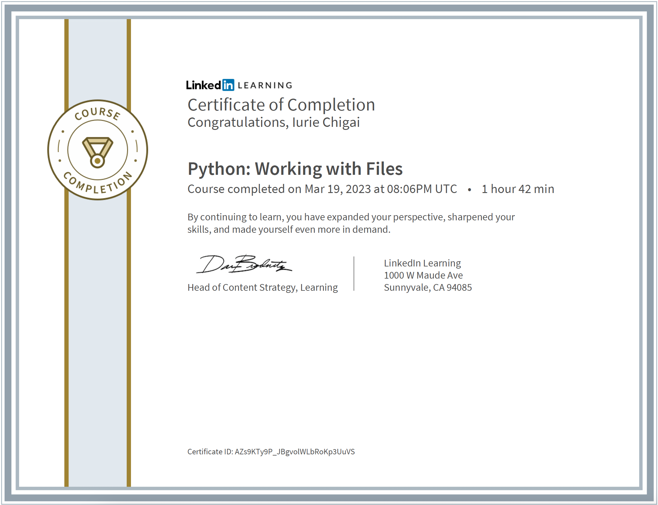 Python: Working with Files certificate issued by Linked in LEARNING