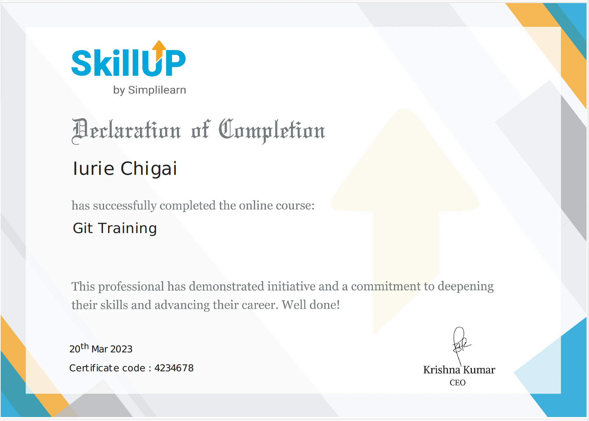 Certificate of complition Git Training, issue by Simplilearn