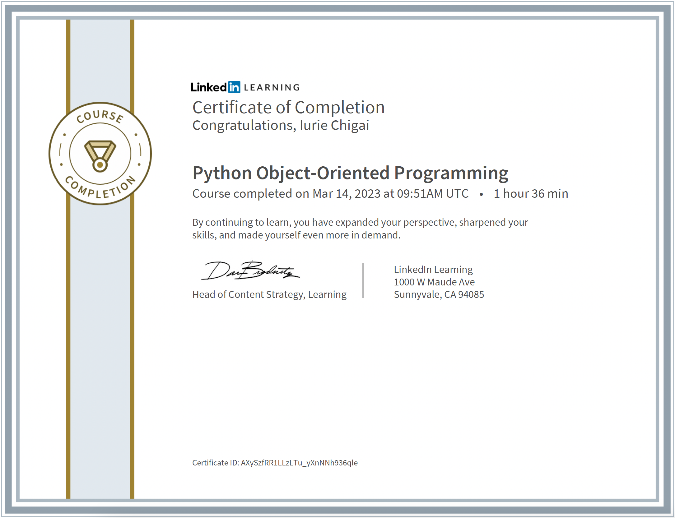 Python Object-Oriented Programming certificate issued by Linked in LEARNING