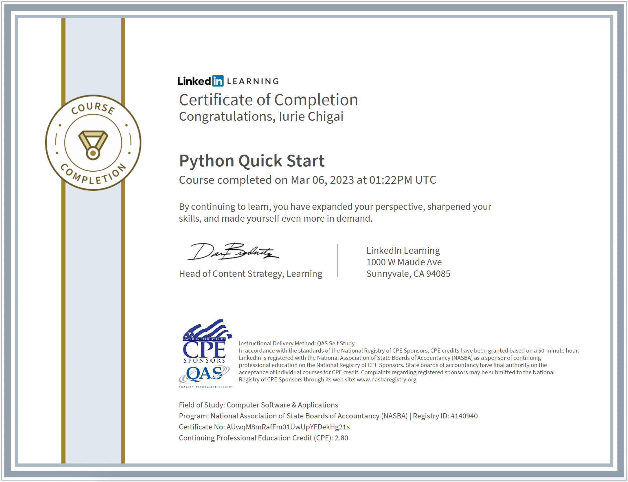 Python Quick Start certificate issued by Linked in LEARNING